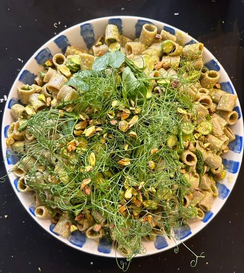 Spelt Mezzi Rigatoni with Pistachio, Asparagus and Courgettes