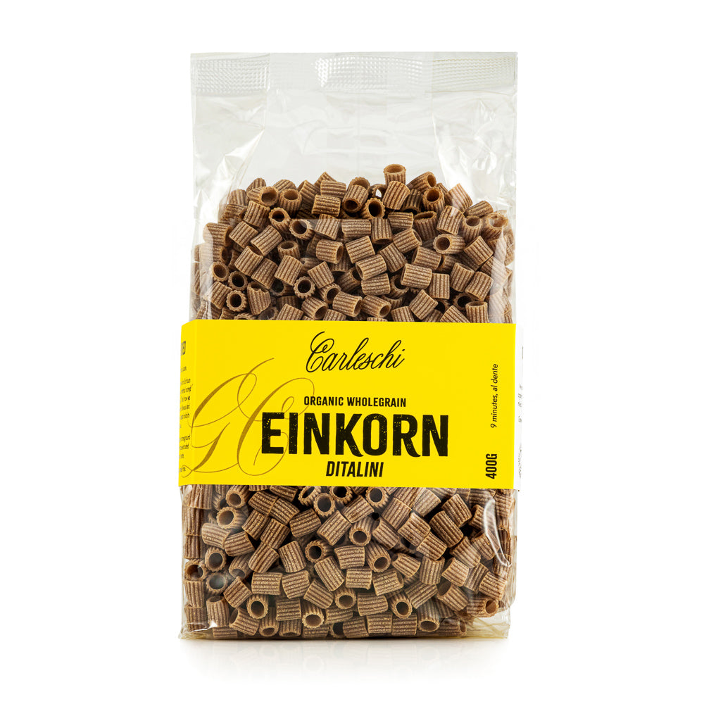 Bag of organic wholegrain einkorn ditalini pasta from carleschi 