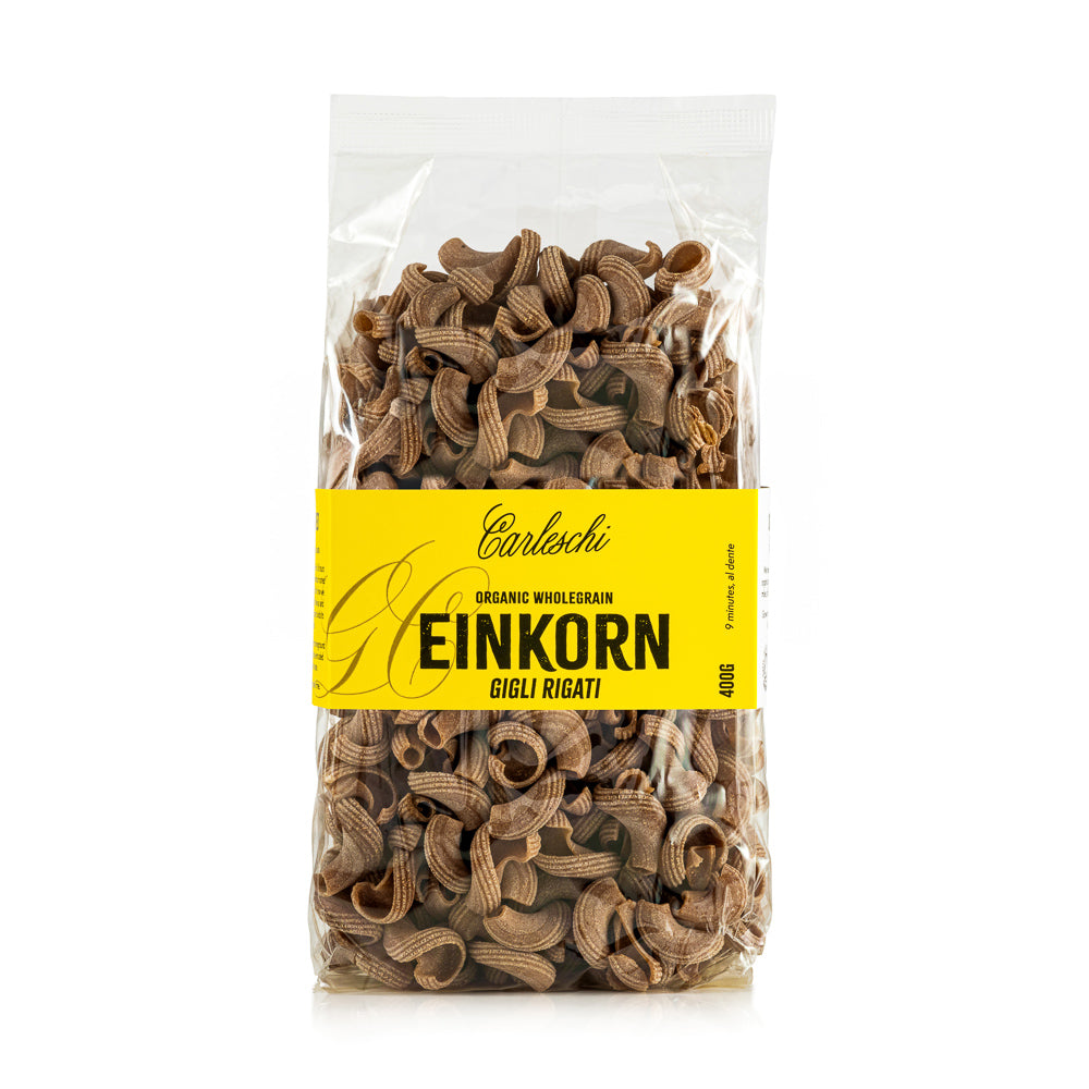 Bag of organic wholegrain einkorn gigli rigati pasta from carleschi 