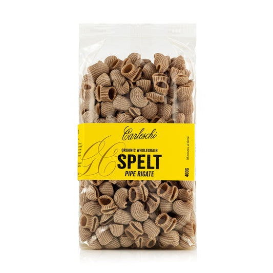 Bag of organic wholegrain spelt piupe rigate pasta from carleschi 