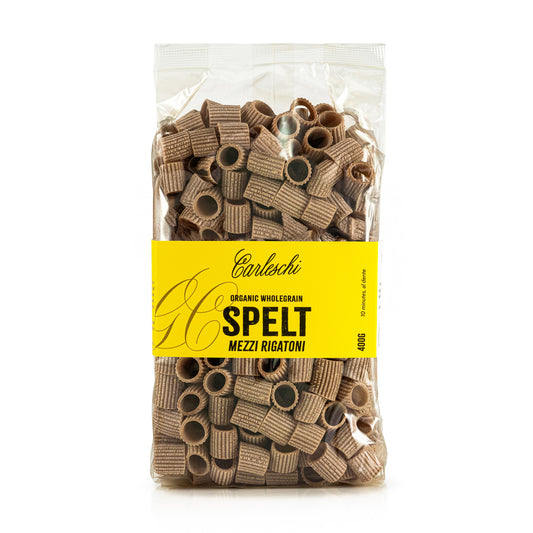 Plastic Bag of Organic Wholegrain Spelt Mezzi Rigatoni from Carleschi
