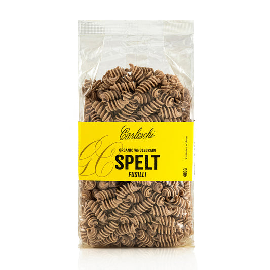 Bag of organic wholegrain spelt fusilli pasta from carleschi 