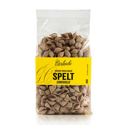 Bag of organic wholegrain spelt conchiglie pasta from carleschi 