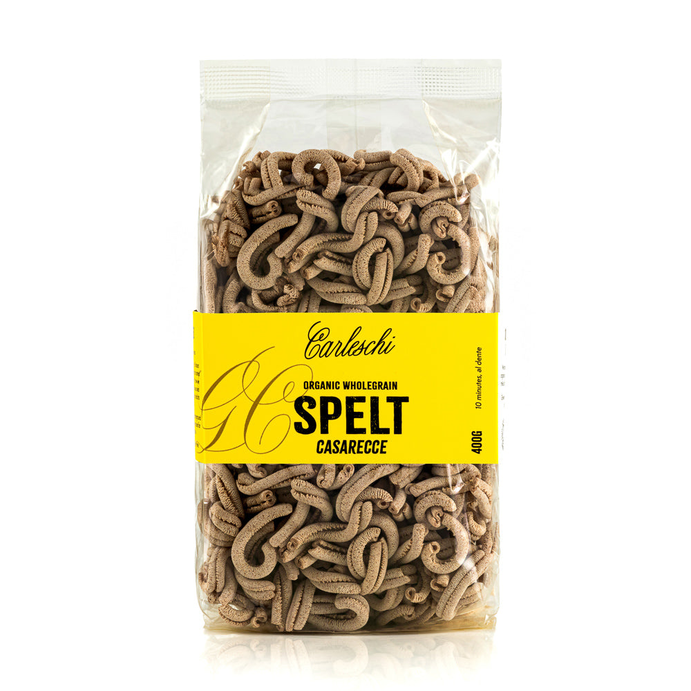 Bag of organic wholegrain spelt casarecce pasta from carleschi 