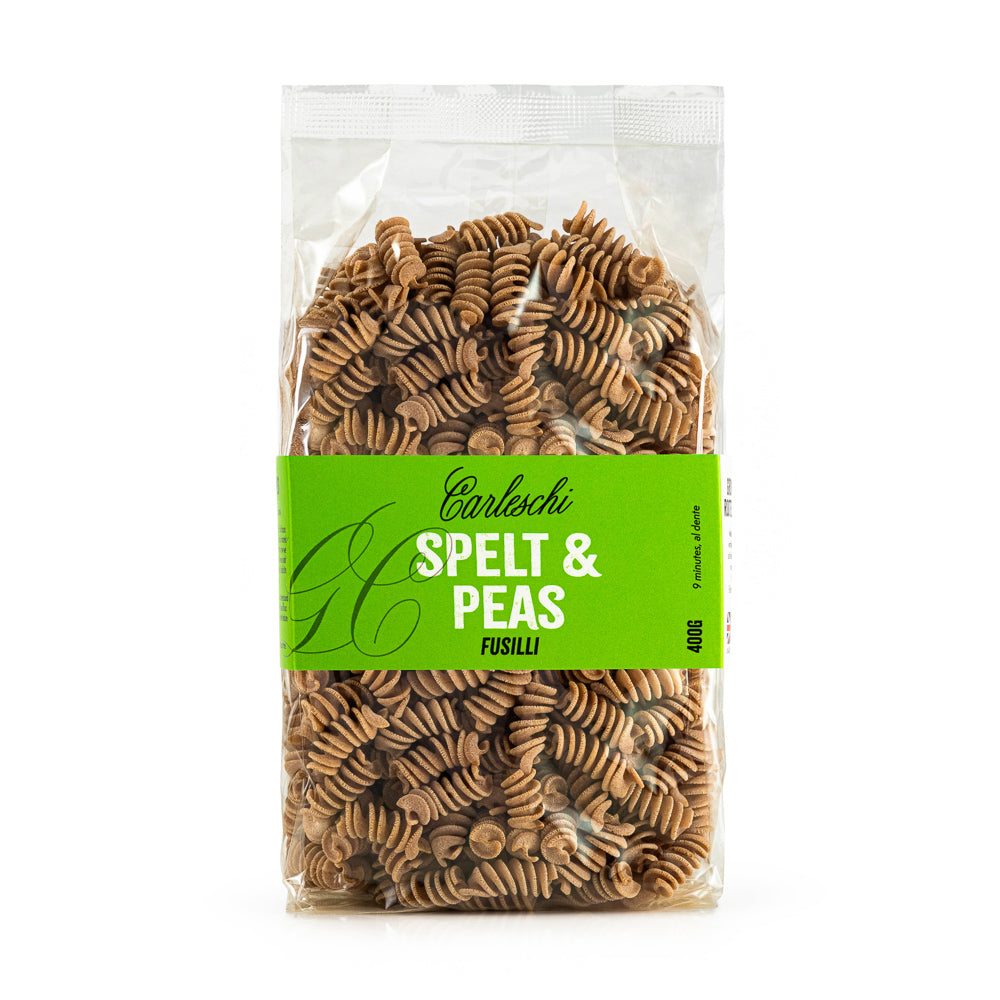 Bag of organic wholegrain spelt and peas fusilli pasta from carleschi 