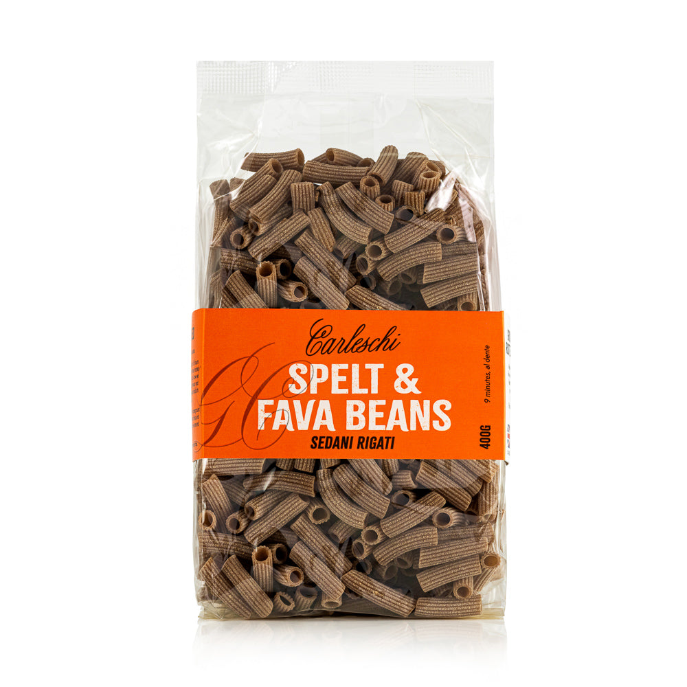 Plastic Bag of Organic Spelt and Fava Bean Sedani Rigati Pasta from Carleschi