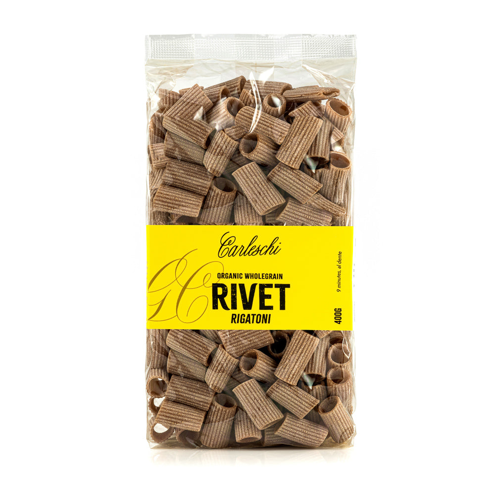 Bag of organic wholegrain srivet rigatoni pasta from carleschi 
