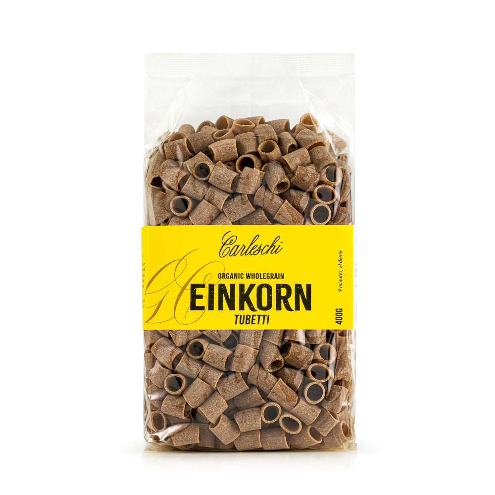 Bag of organic wholegrain einkorn tubetti pasta from carleschi 