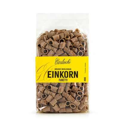Bag of organic wholegrain einkorn tubetti pasta from carleschi 