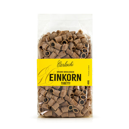 Bag of organic wholegrain einkorn tubetti pasta from carleschi 