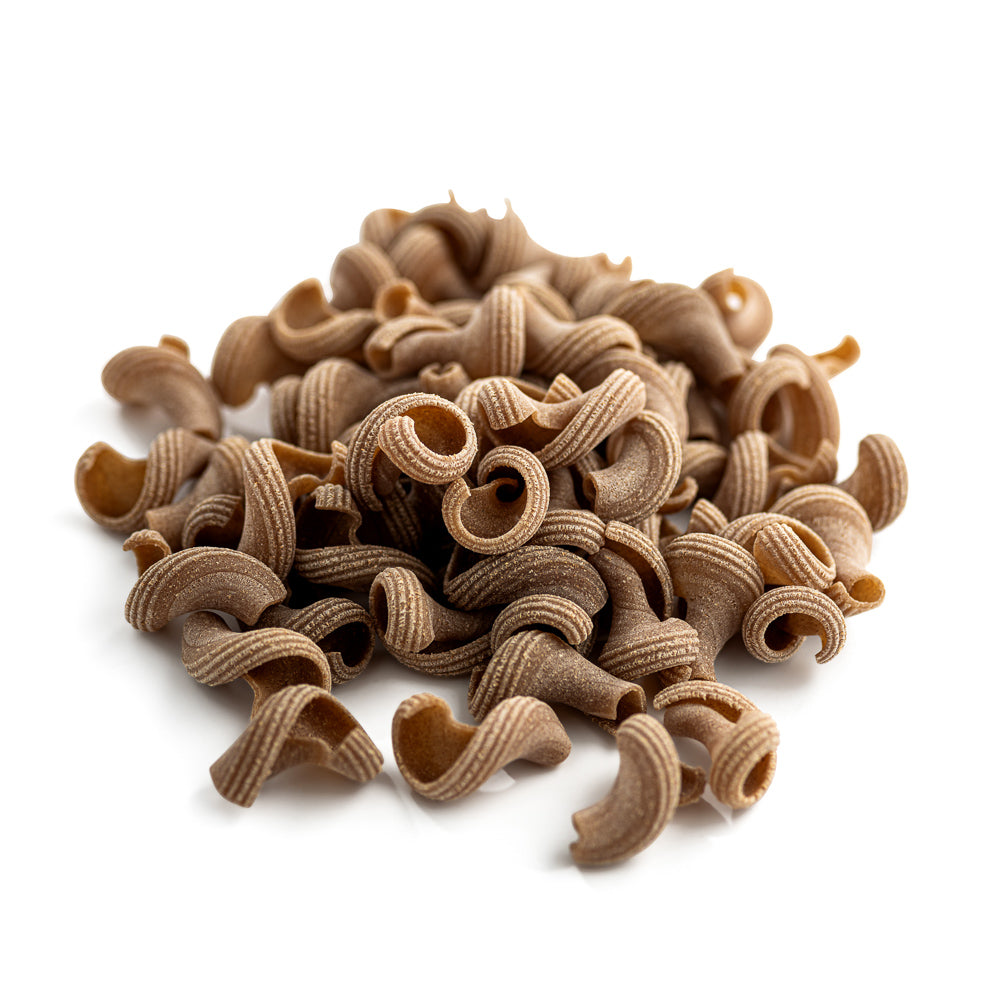 small pile of organic wholegrain einkorn gigli rigati pasta from carleschi 