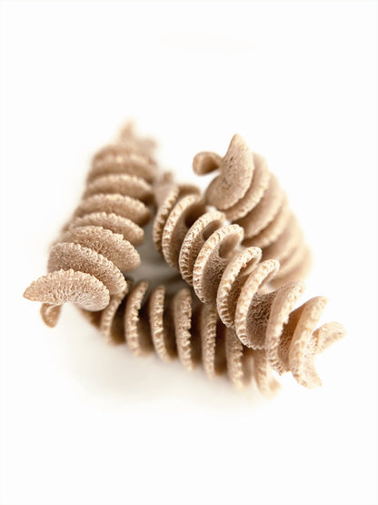 individual pieces of organic wholegrain spelt fusilli pasta from carleschi 
