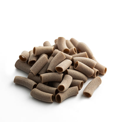 small pile of organic wholegrain spelt maccheroni pasta from carleschi 