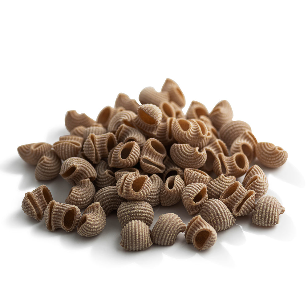 small pile of organic wholegrain spelt pipe rigate pasta from carleschi 
